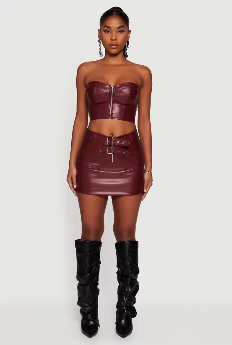 Faux Leather Mini Pencil Skirt With Dual Buckle Detail 1