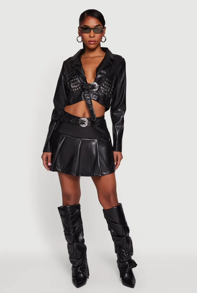 Faux Leather Pleated Skirt With Drop Waist And Belted Waistband 1