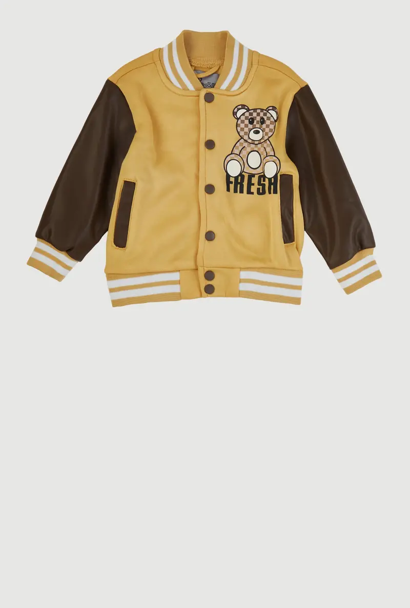 Faux Leather Sleeve Bomber Jacket With Fresh Graphic Design For Toddler Boys 1
