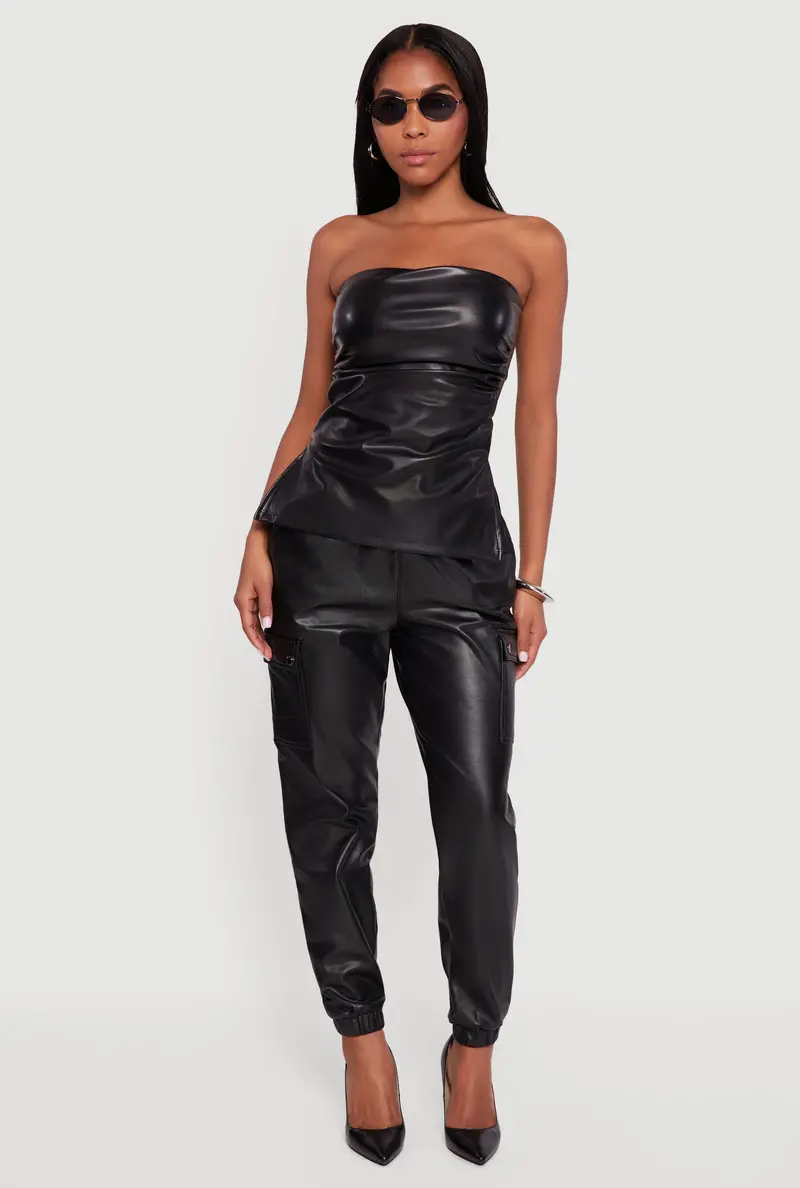 Faux Leather Tube Top With Side Ruching And Slit Detail 1