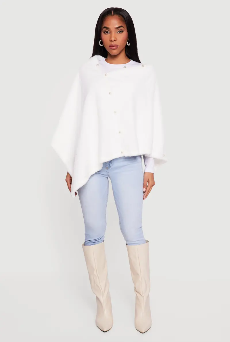 Faux Pearl–Adorned Faux Fur Poncho 1
