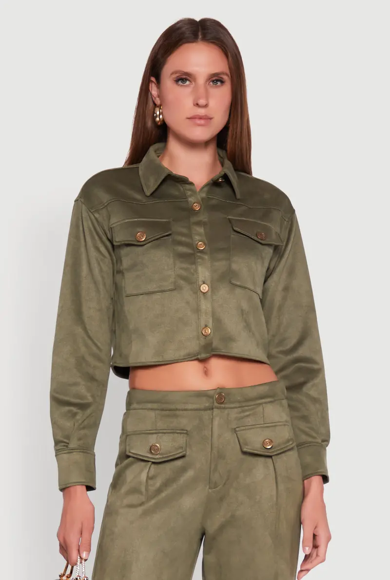 Faux Suede Cropped Button-Front Shirt 1
