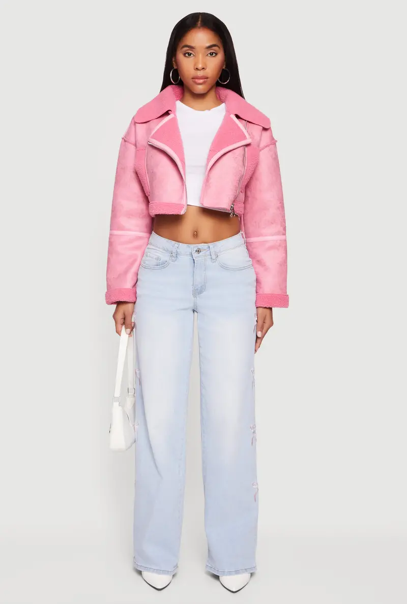 Faux Suede Cropped Moto Jacket With Sherpa Lining 1