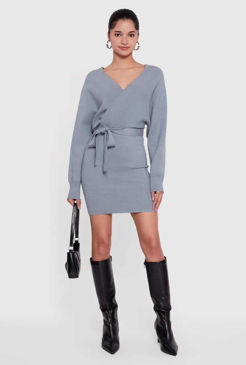 Faux Wrap Sweater Dress – Tie-Waist Belted Design 1