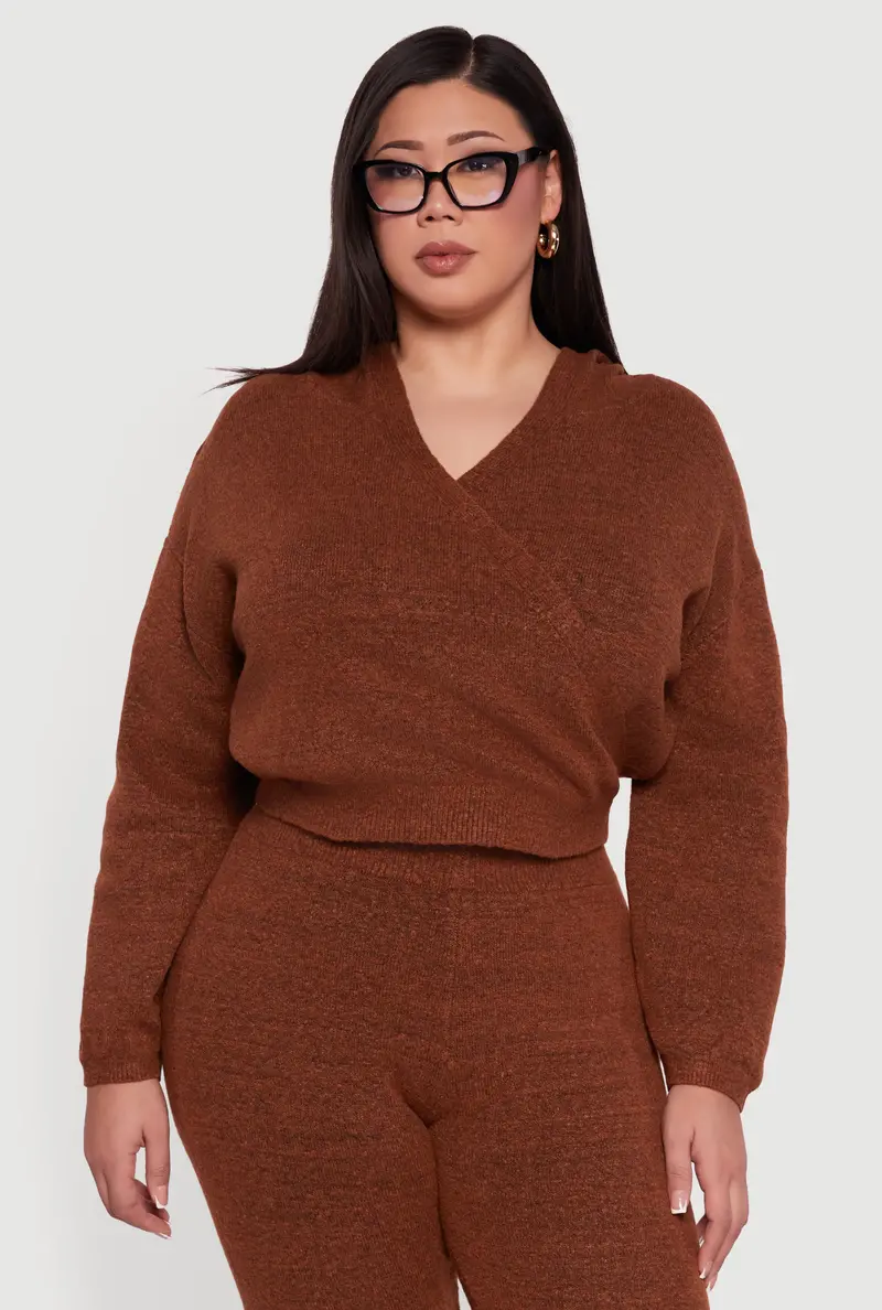 Faux-Wrap Sweater Hoodie – Soft Knit Plus-Size Style 1