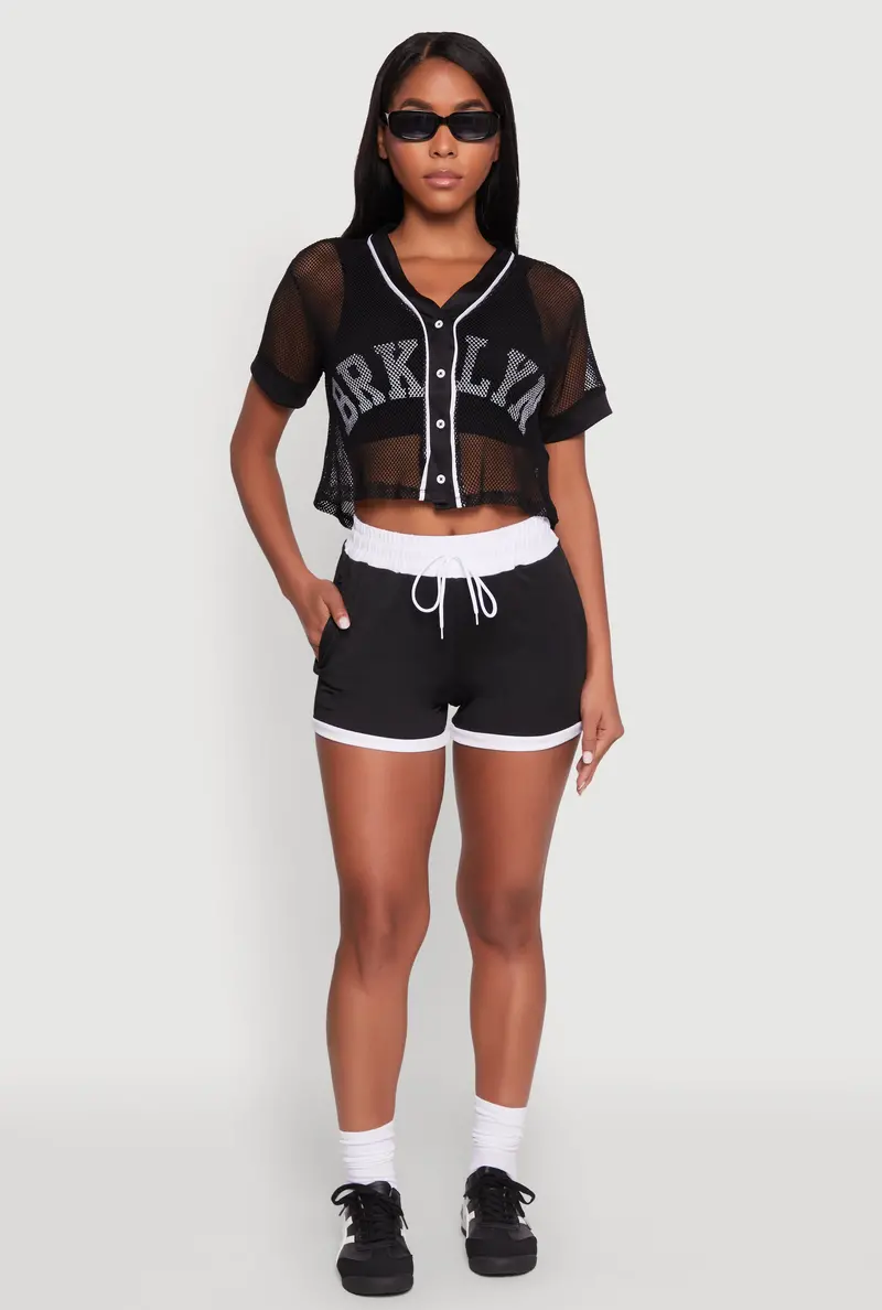 Fishnet-Overlay Cropped Baseball Shirt – Brooklyn Graphic 1