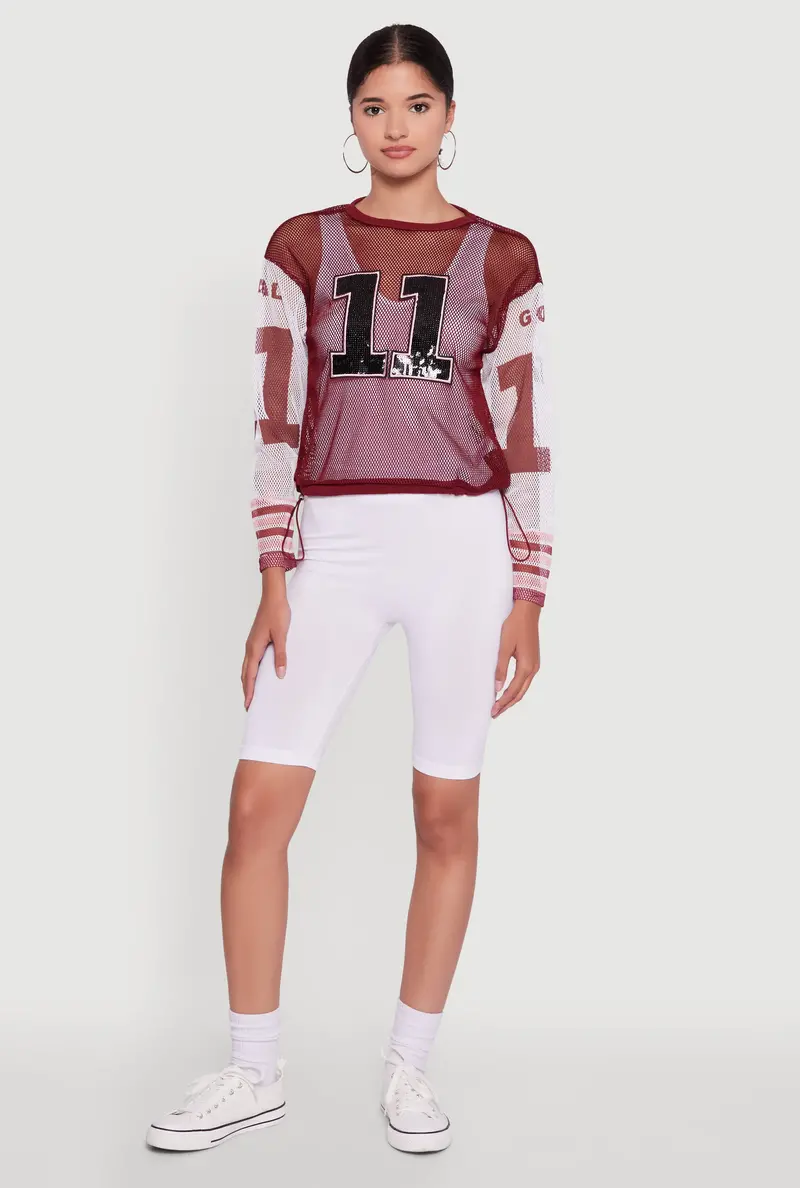 Fishnet-Print Long Sleeve Top With Number Sequins 1