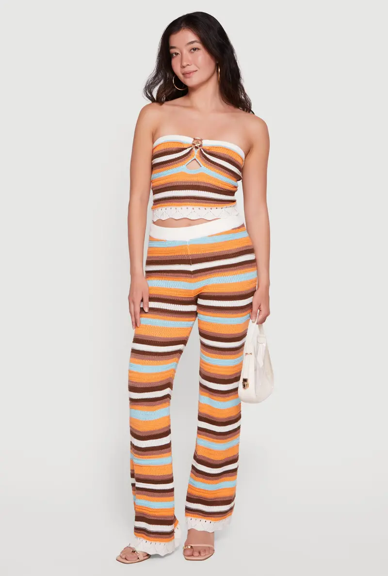 Flare-Leg Crochet Pants With Pointelle Knit Hem And Stripes 1