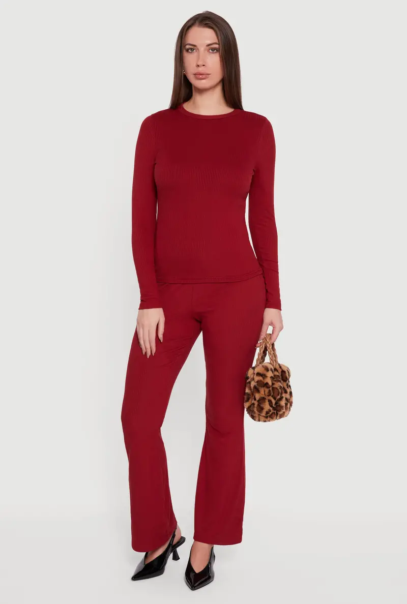 Flare-Leg Ribbed Knit Casual Pants 1