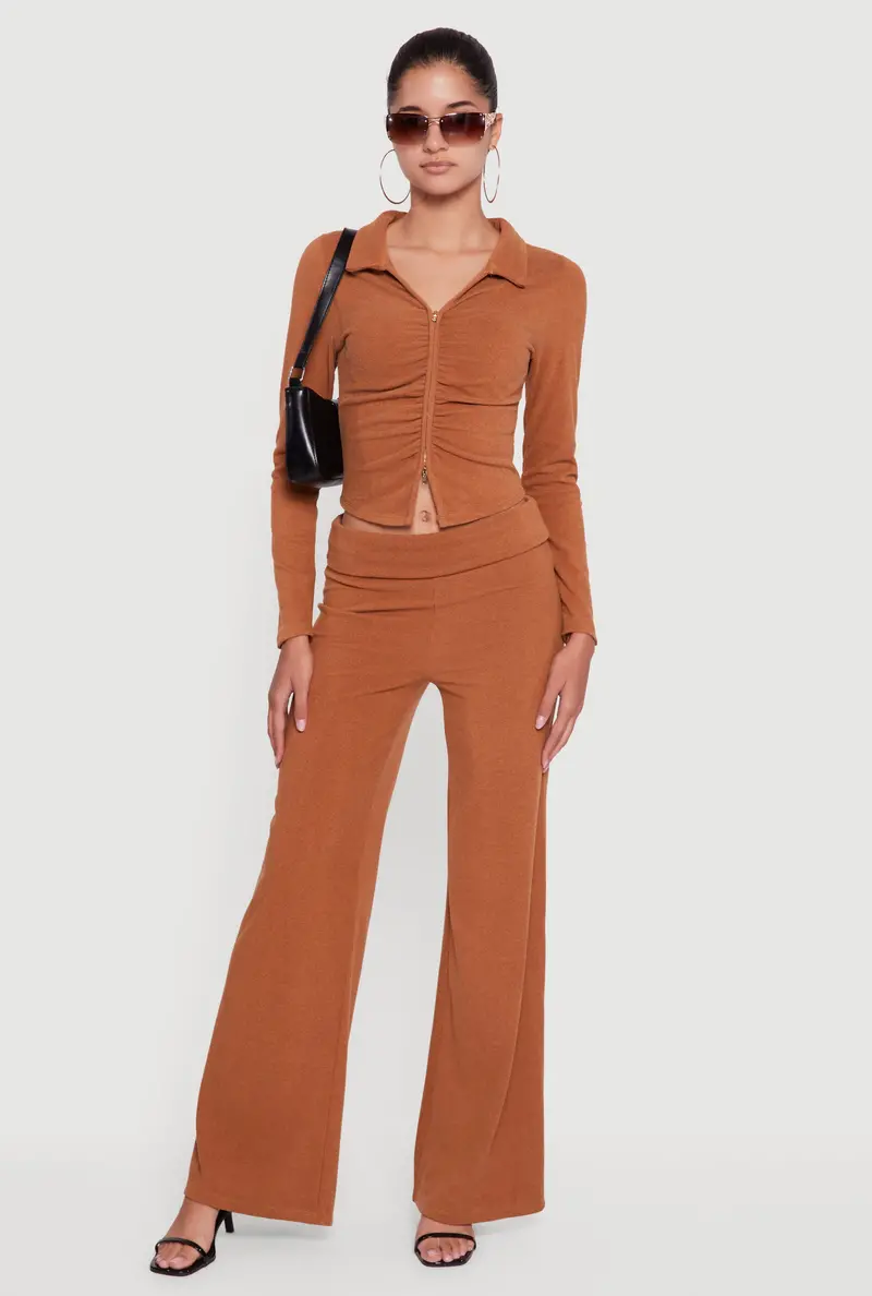 Flared Brushed Rib Knit Pants With Fold-Over Waistband 1