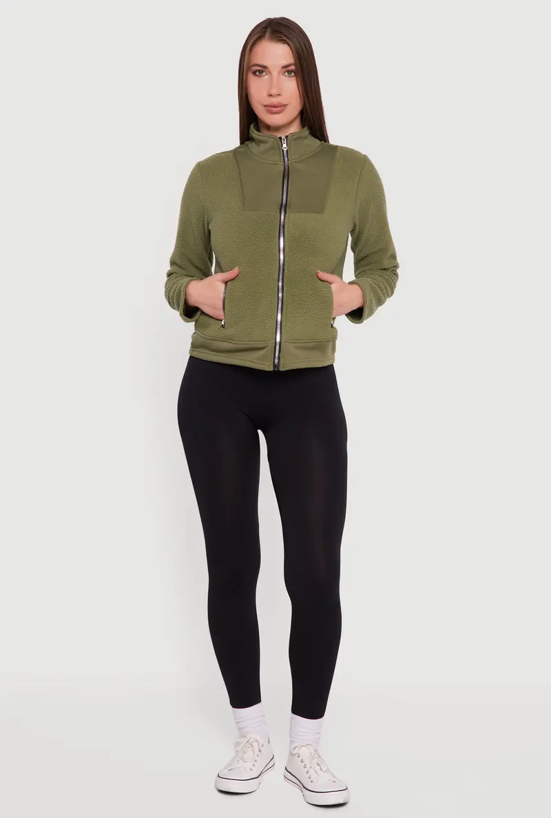 Fleece-Lined Mock-Neck Zip-Front Jacket With Faux Pockets 1