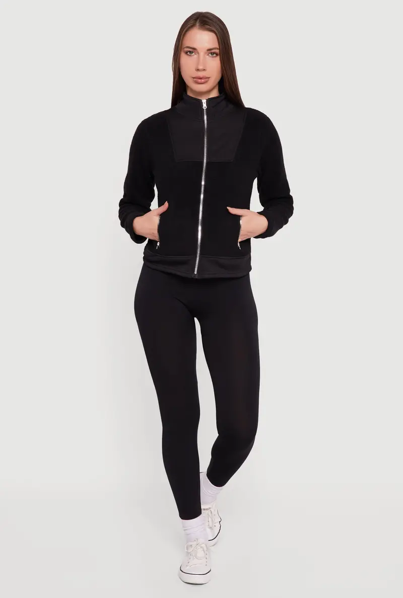 Fleece-Lined Zip-Front Jacket With Mock Neck And Faux-Pocket Detail 1
