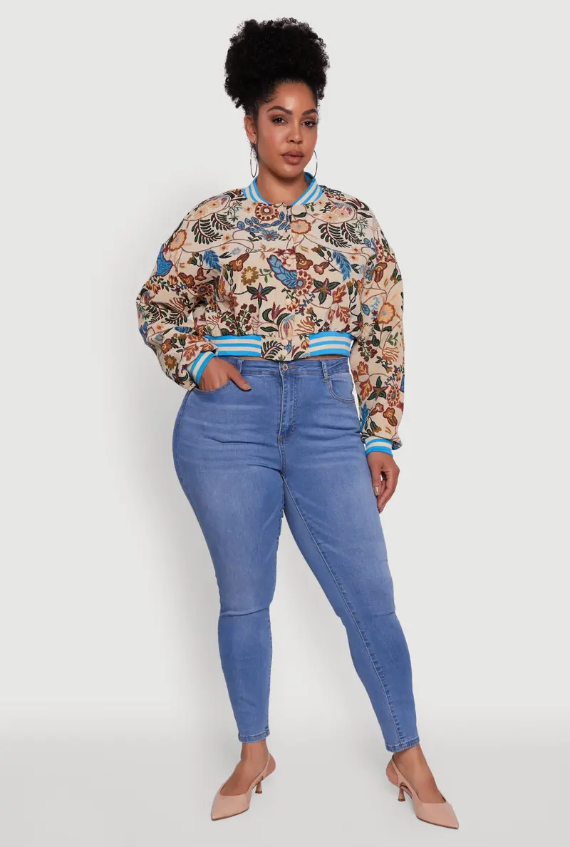 Floral Jacquard Varsity-Stripe Jacket – Extended Sizes 1