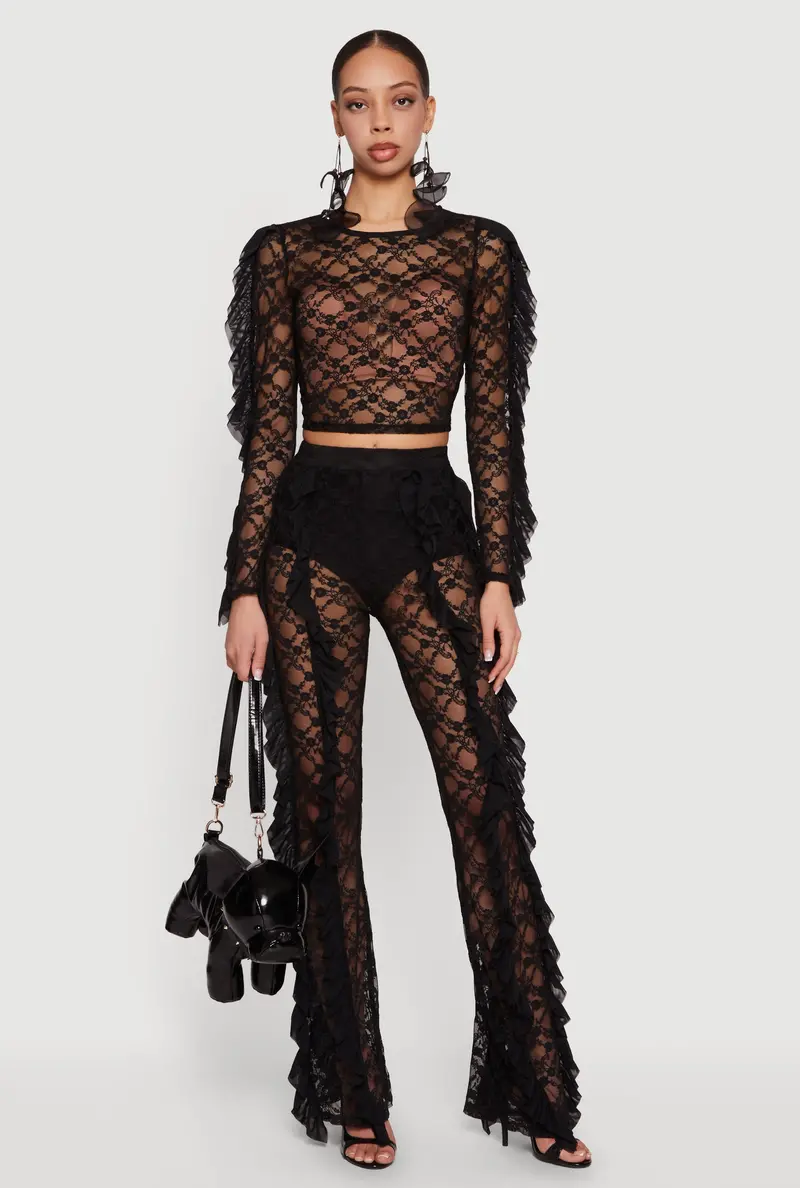 Floral Lace Ruffle Pants With High Waist – Plus Size 1
