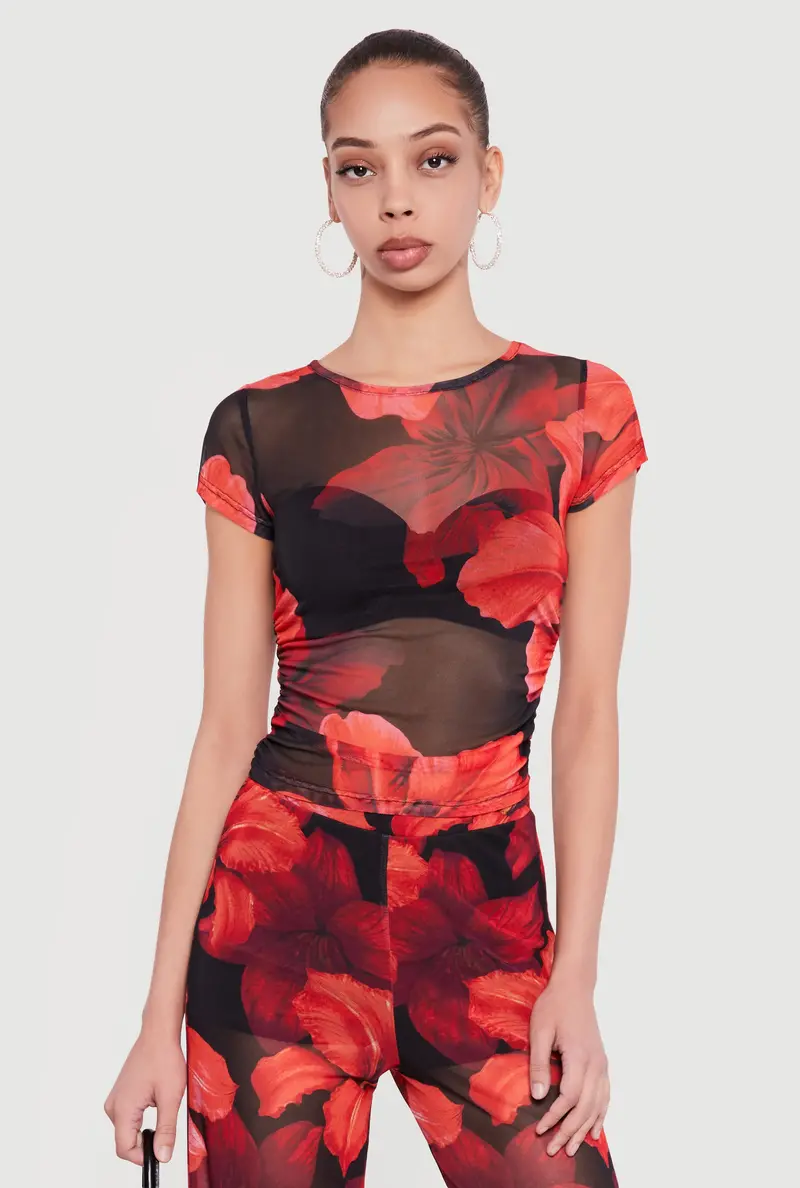 Floral Mesh Top With Ruched Side Panels 1
