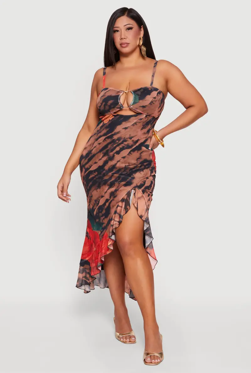 Floral Print Plus Size Ruffle-Hem Mesh Dress 1