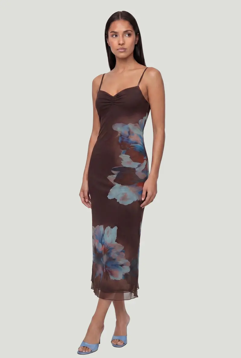 Floral Sheer Mesh Midi Dress With Layered Overlay 1