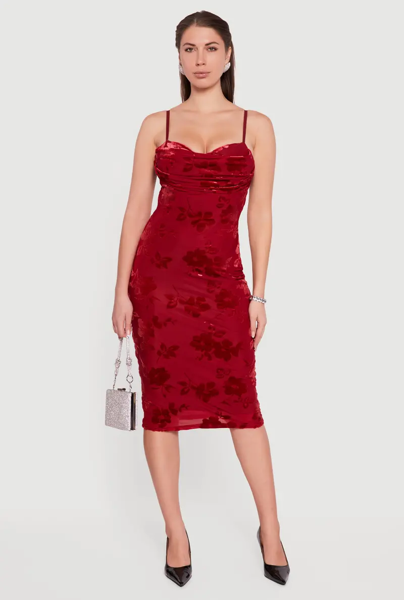 Floral Velvet Burnout Midi Dress With Soft Cowl Neck 1