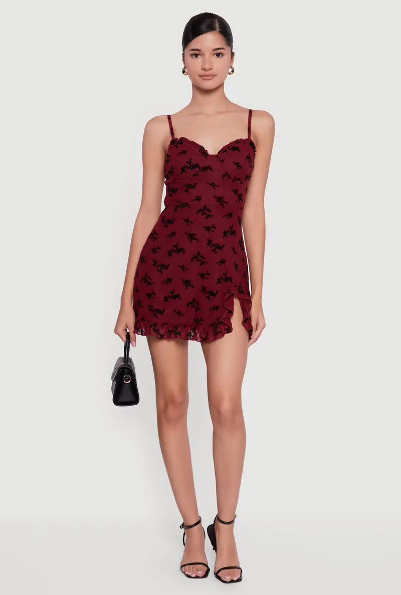 Floral Velvet Burnout Mini Dress With Ruffled Hem 1