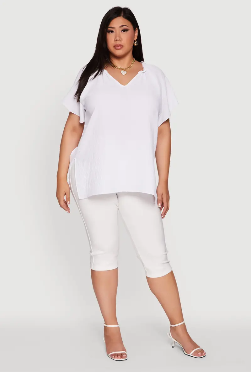 Flutter Sleeve Blouse With V-Neck & Side Slit – Plus Size 1