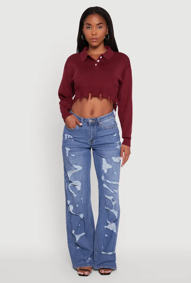 Frayed High-Low Cropped Sweater With Long Sleeves 1