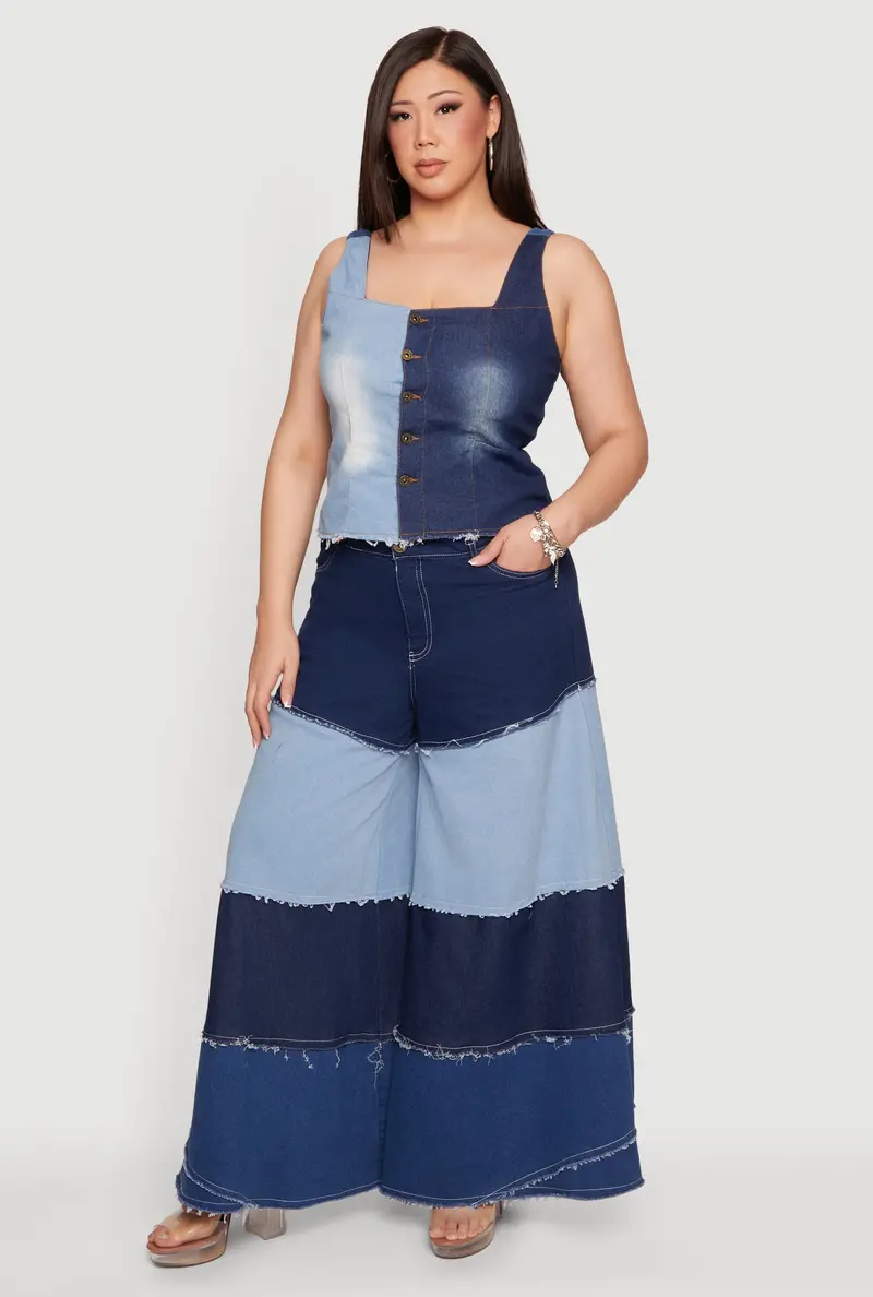 Frayed-Trim Wide-Leg Jeans With Color-Blocked Panels – Plus Size 1