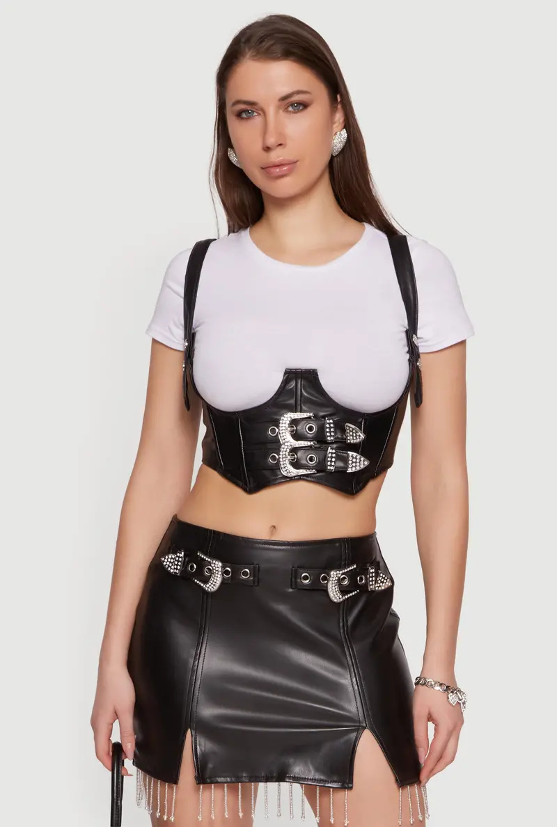 Fringe Detail Faux Leather Skirt – Buckle-Front Design 1