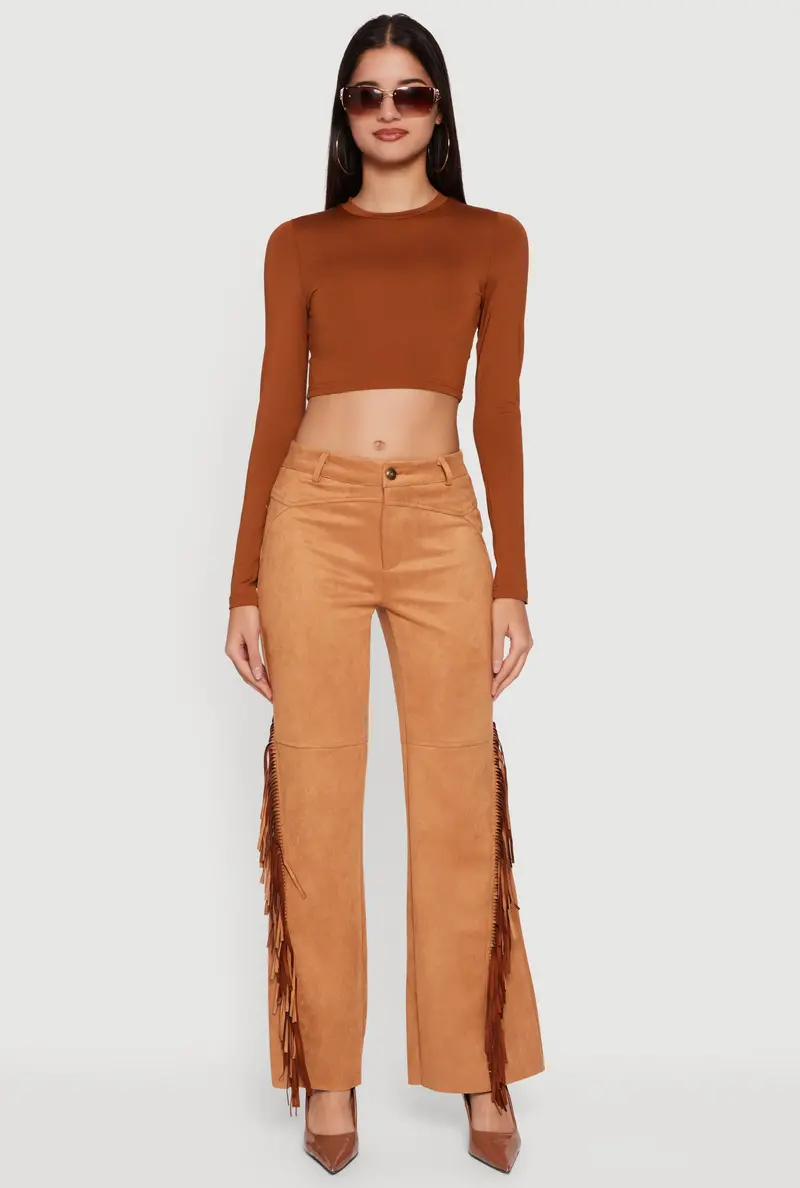 Fringed Faux Suede Pants With Decorative Stitching 1