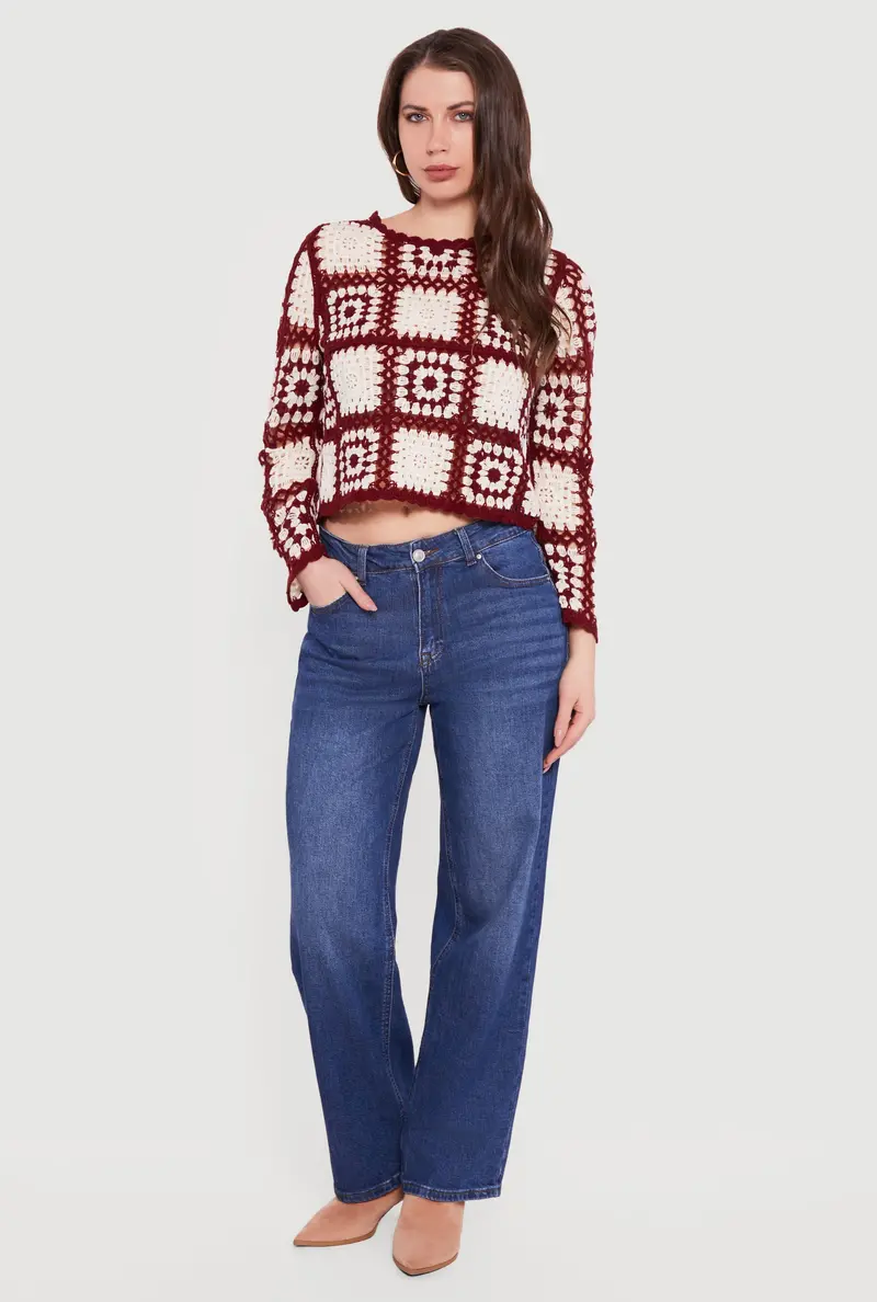 Geometric Crochet Cropped Long Sleeve Sweater Top 1