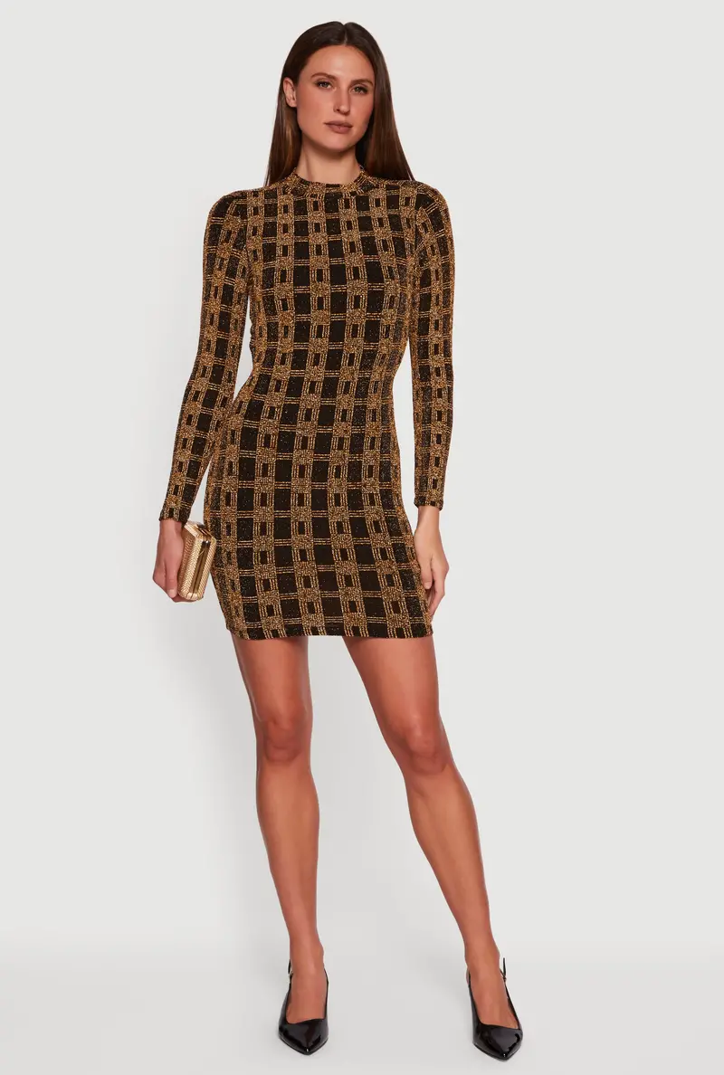 Geometric Lurex Mini Dress With Open Tie-Back And Long Sleeves 1