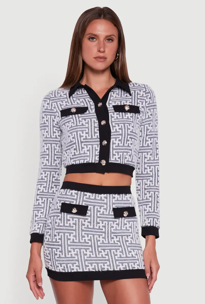 Geometric-Print Cropped Cardigan With Button Front 1