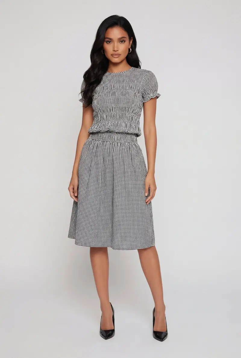 Gingham Midi Dress With Puff Sleeves & Smocking 1