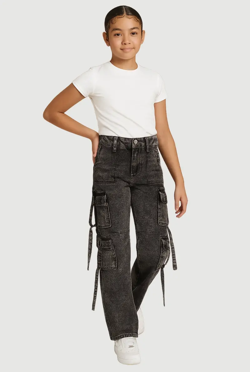 Girls' Acid-Wash Cargo-Pocket Jeans – Slim Straight Style 1