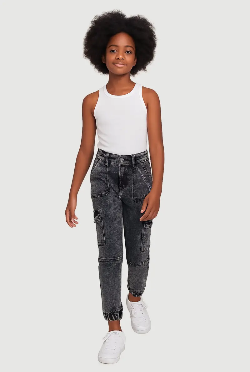 Girls' Acid-Wash Denim Cargo Joggers With Trendy Chain Detail 1