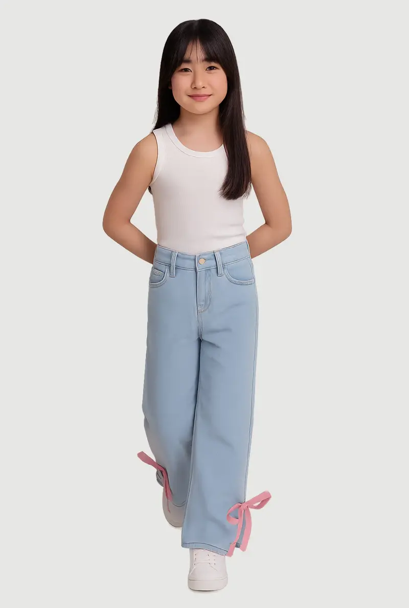 Girls' Adjustable-Waist Jeans With Bow Accents And Side Slits 1