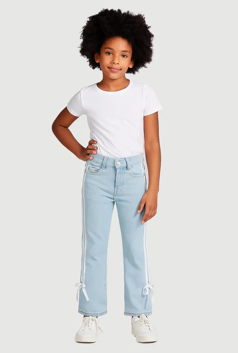 Girls' Bow-Adorned Varsity Stripe Side Jeans 1