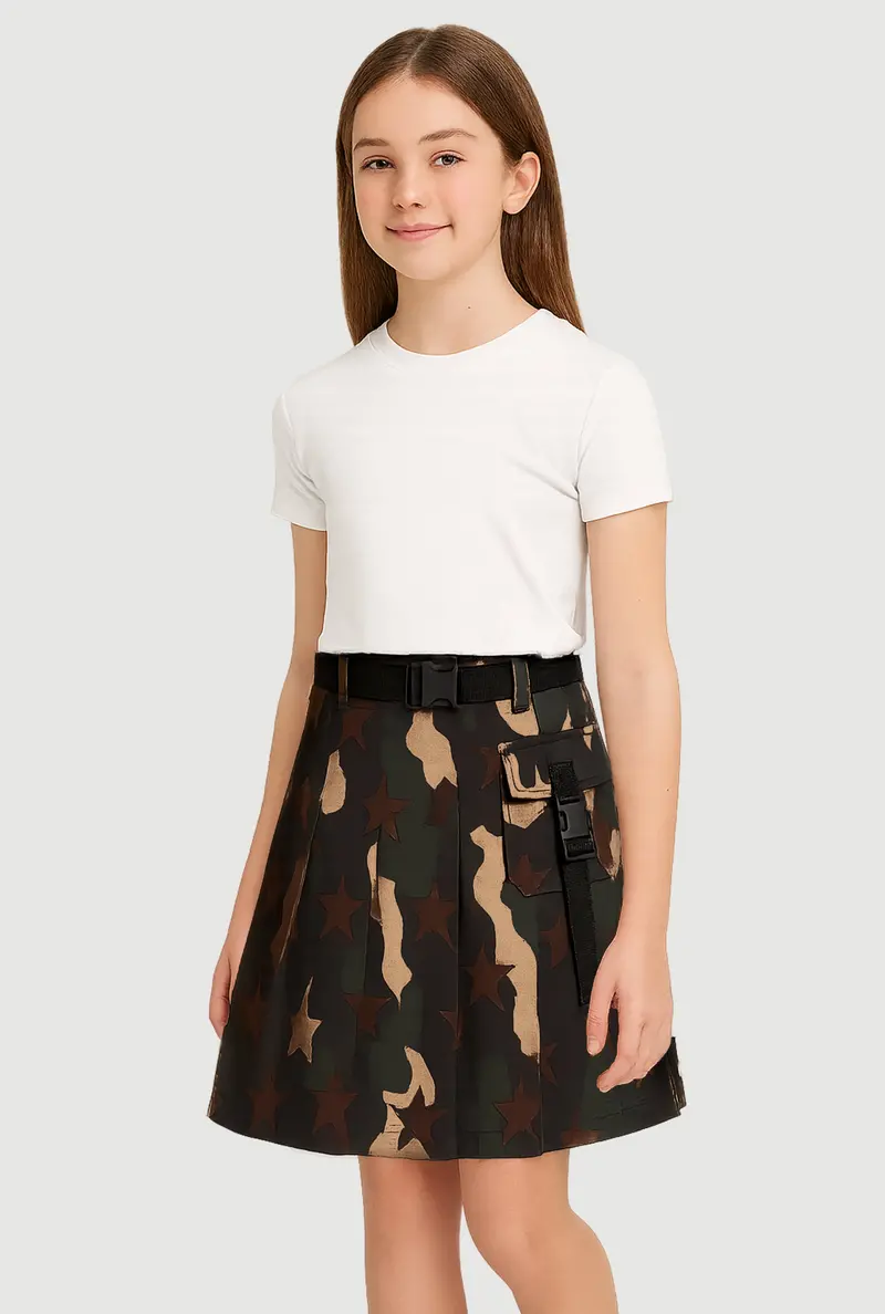 Girls' Camo Print Hyper-Stretch Pleated Skirt With Belt 1