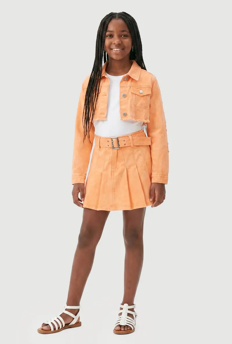Girls' Casual Acid Wash Denim Skort With Decorative Belt 1