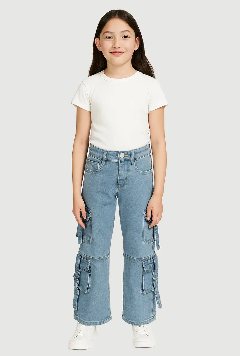 Girls' D-Ring Utility Jeans With Pull-Tab Detail 1