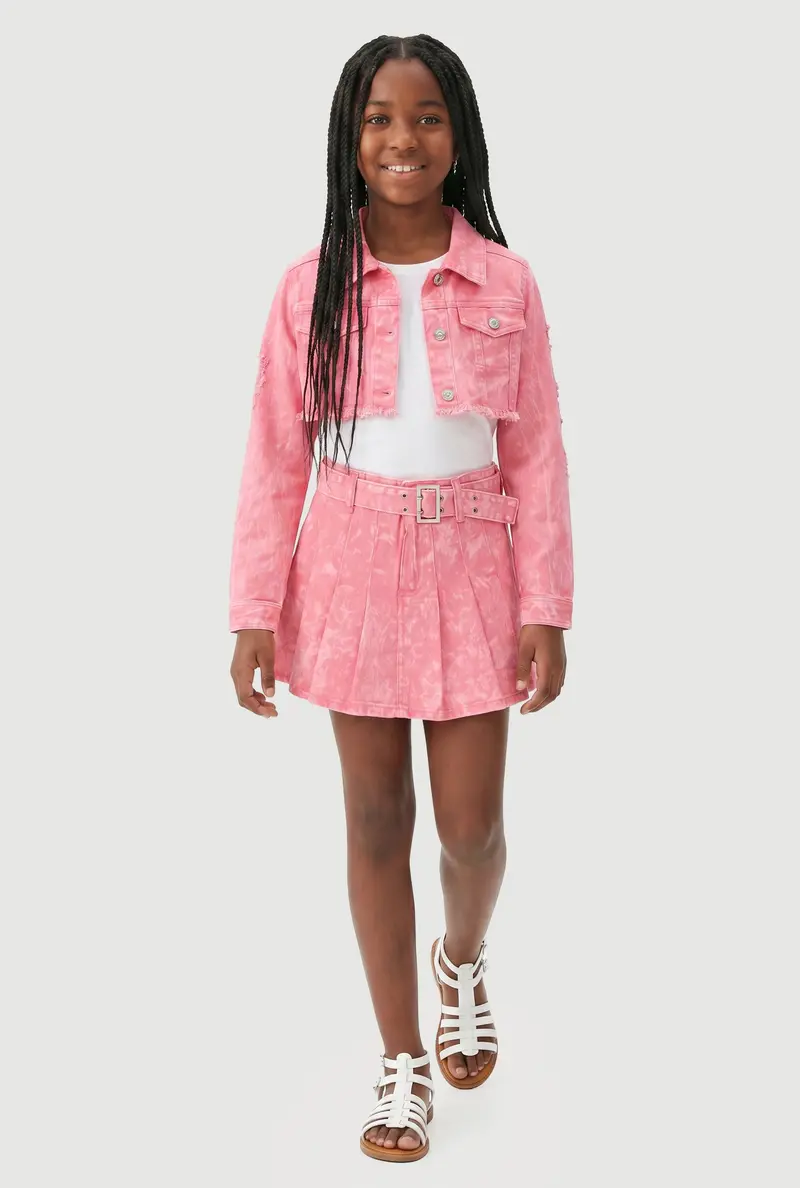 Girls' Distressed Acid Wash Denim Skort With Belt Accent 1
