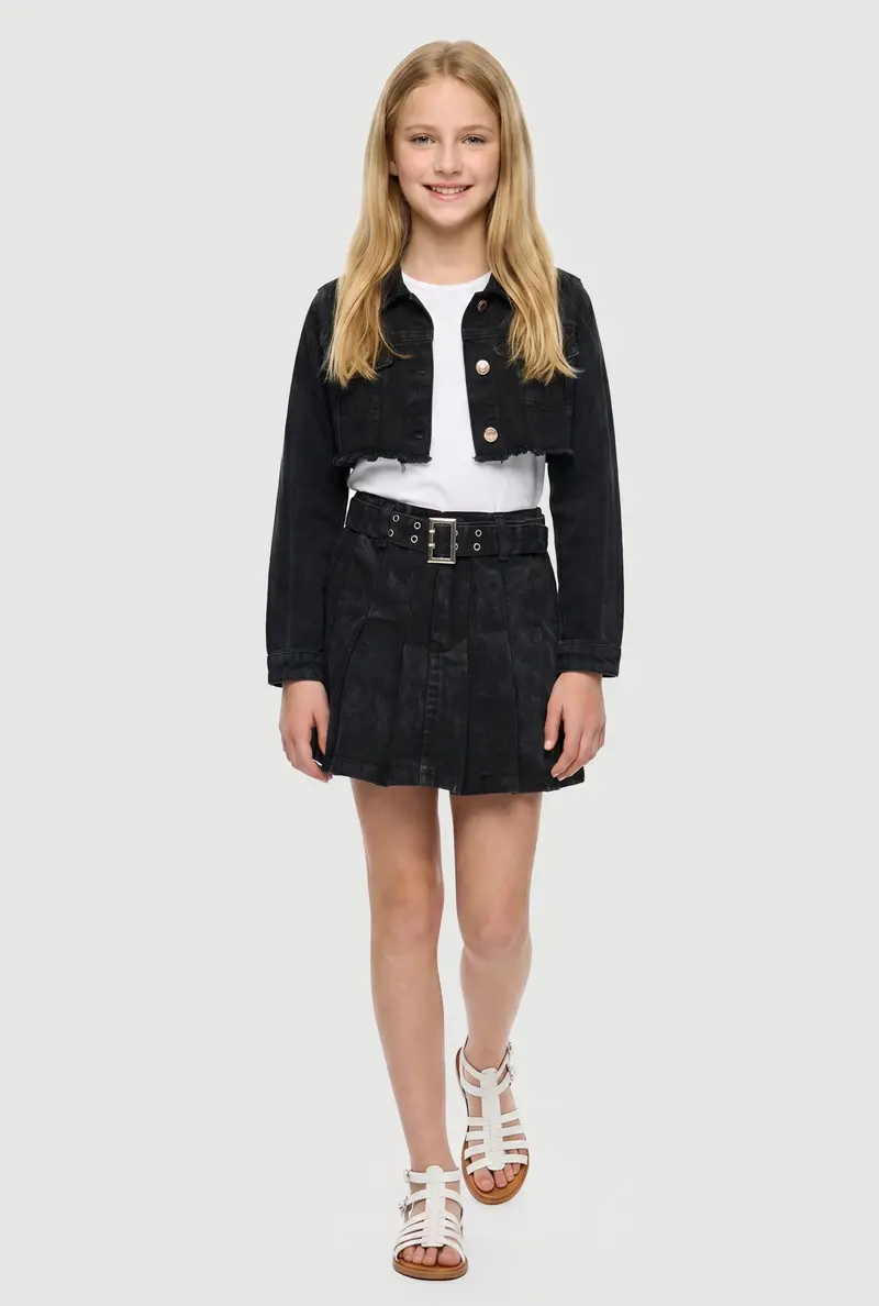 Girls' Faded Acid Wash Pleated Denim Skort With Adjustable Belt 1