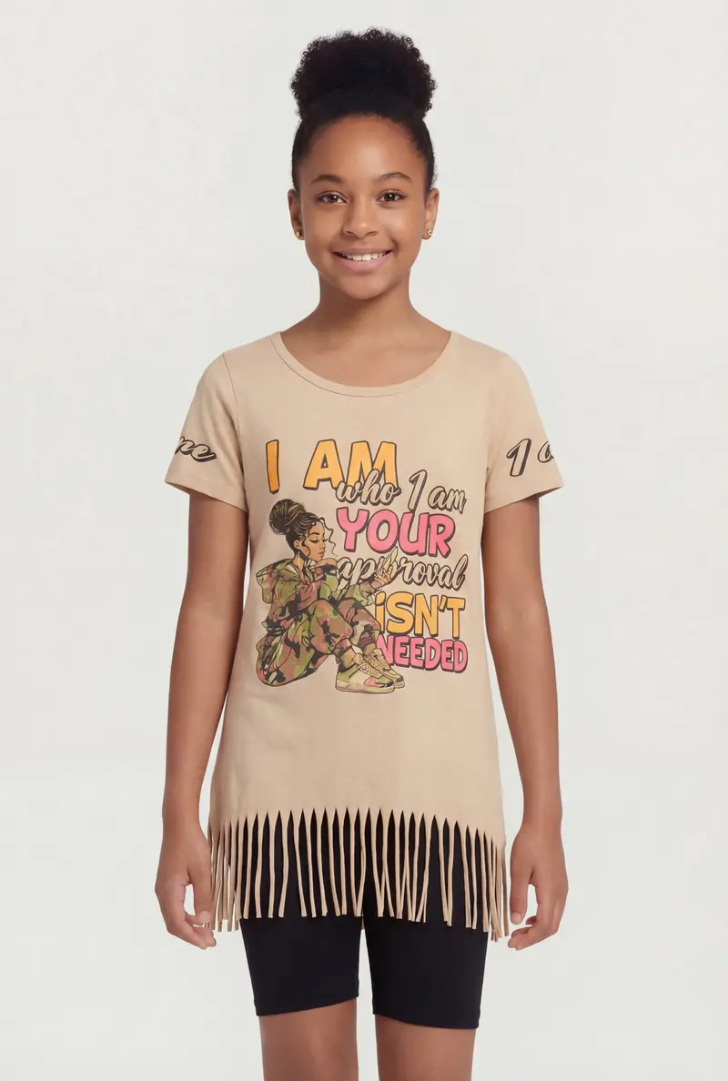 Girls’ ‘I Am Who I Am’ Graphic Fringe Tee & Bike Shorts Matching Set 1