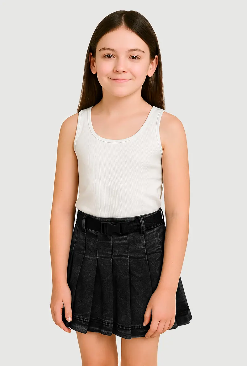 Girls' Mid-Rise Acid Wash Denim Pleated Skirt 1
