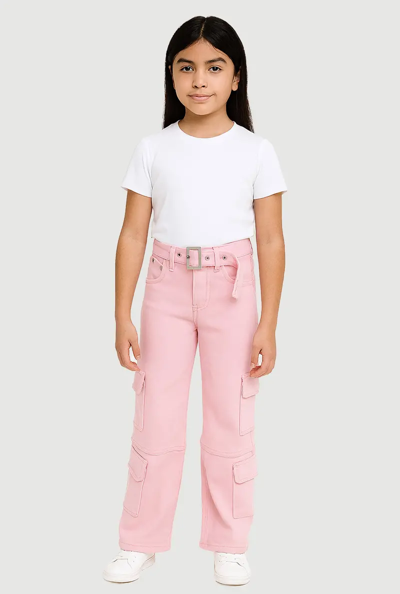 Girls' Mid-Rise Straight-Leg Cargo Jeans With Belt Loop 1