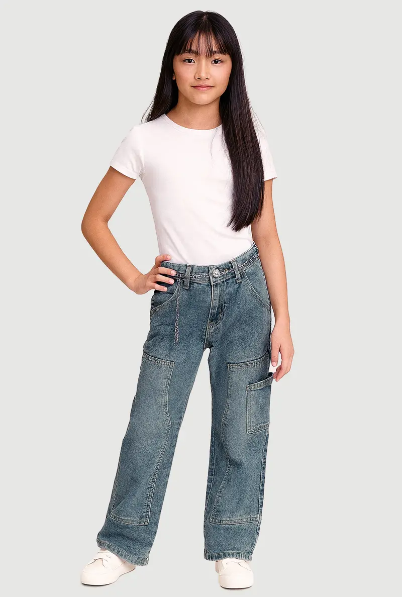 Girls' Mid-Rise Straight-Leg Jeans With Decorative Chain Belt 1