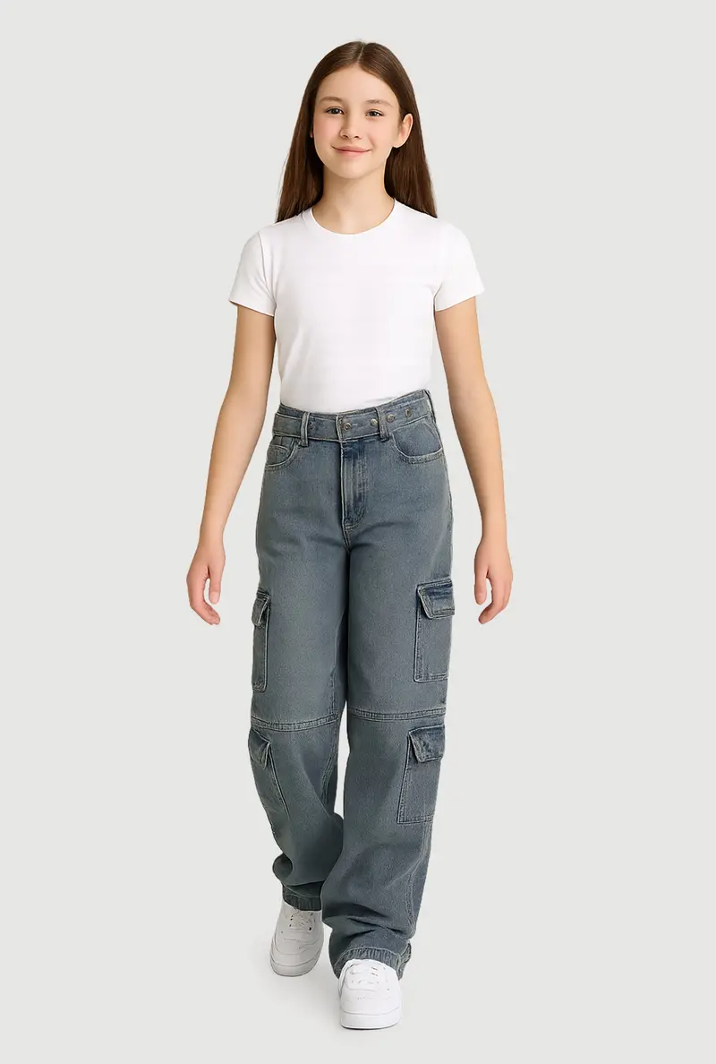 Girls' Mineral-Wash Utility Jeans – Straight Cut With Matching Belt 1