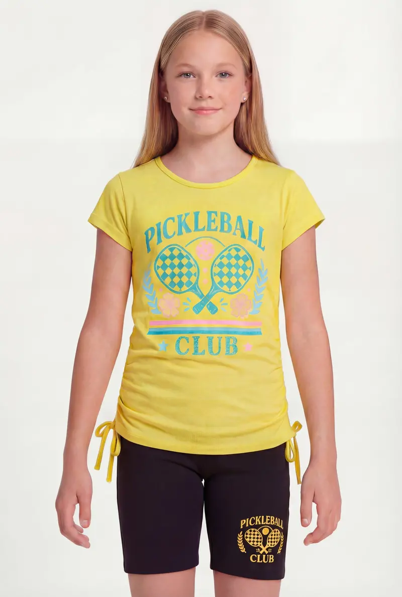 Girls’ Pickleball Club Graphic Tee Paired With Matching Bike Shorts 1