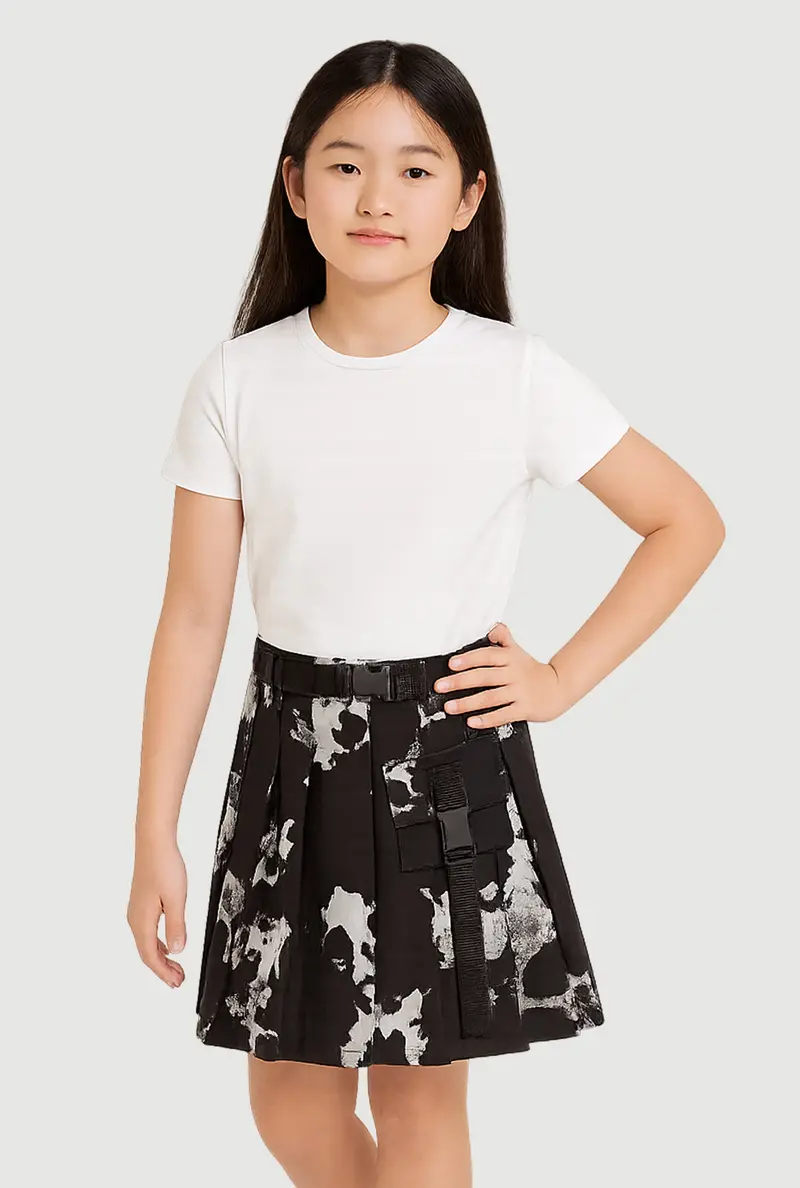 Girls' Printed Pleated Skirt With Matching Belt 1