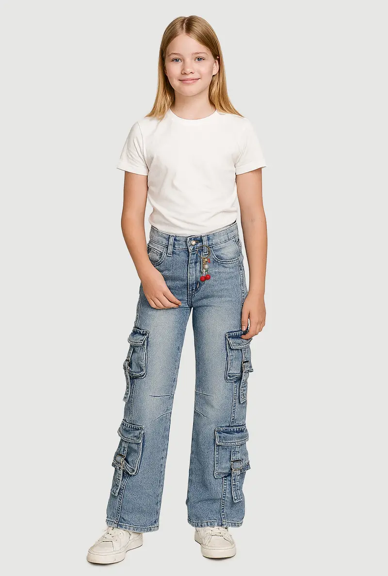 Girls' Pull-Tab Utility Jeans Featuring Cherry Charm Accent 1