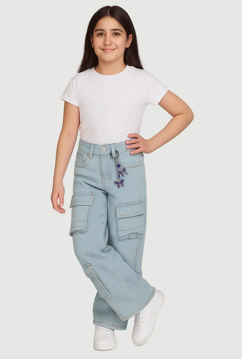 Girls' Rhinestone Butterfly-Embellished Denim Utility Jeans 1
